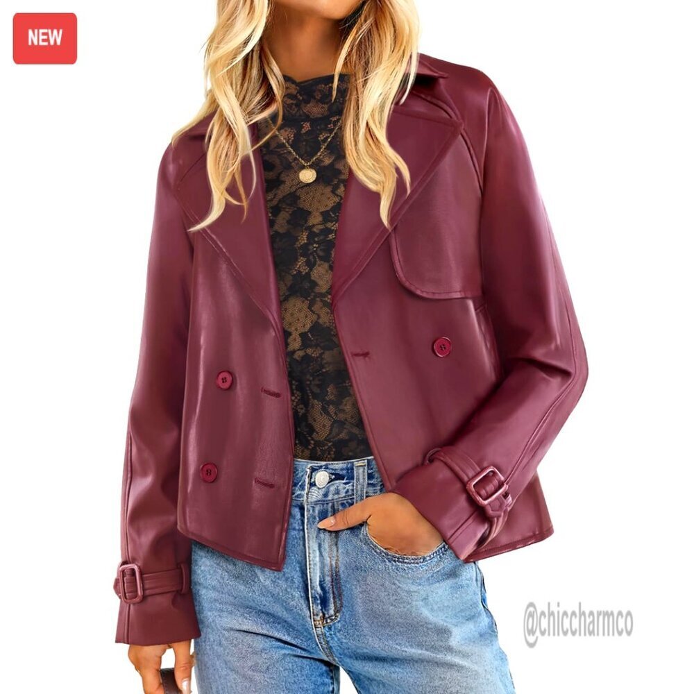 Faux Leather Oversized Motorcycle Jacket, Button Front, Medium Thickness